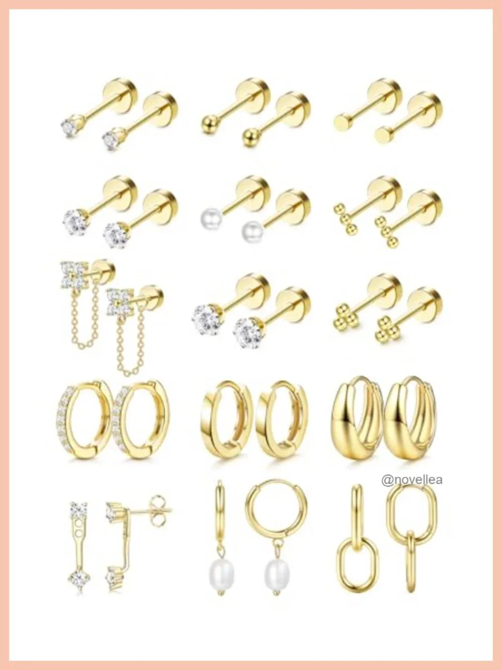 14K Gold Plated Hypoallergenic Surgical Steel Flat Back Earrings Set for